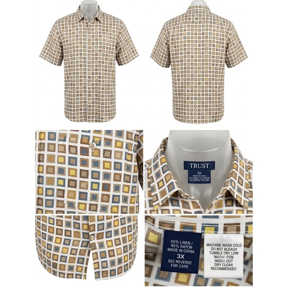 Trust Mens 3X Linen Rayon Geometric Square Short Sleeve Button Down Shirt MCM